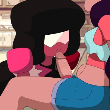 animated, breasts, dickgirl, erection, fellatio, female, freako, futa on female, futanari, garnet (steven universe), kneeling, oral, penis, precum, sitting