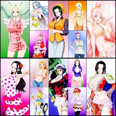 14girls, 6+girls, aunt, aunt and niece, baby 5, black hair, blonde hair, blue hair, boa hancock, breasts, conis, dress, earrings, female, female only