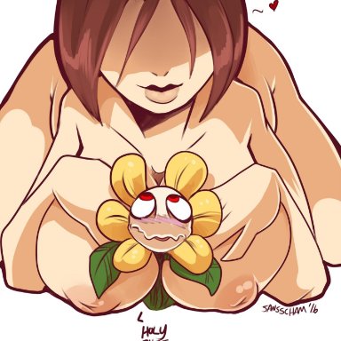 2016, areola, asriel dreemurr, big breasts, blush, breasts, chara, duo, english text, female, flora fauna, flower, flowey the flower, hair, hi res