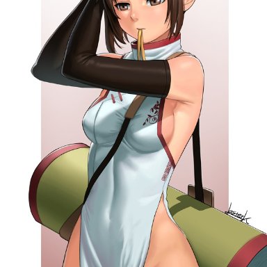 adapted costume, adjusting hair, arms up, bare shoulders, between breasts, breasts, brown eyes, brown hair, china dress, chinese clothes, clothes, cowboy shot, cropped legs, dress, elbow gloves