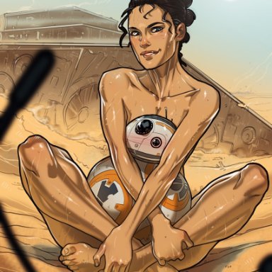 astromech droid, barefoot, bb-8, black hair, blush, cleavage, crossed legs, droid, feet, female, ganassa, hair bun, human, jakku, looking at viewer