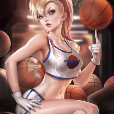 1girl, ball, basketball, beige skin, blonde hair, blue eyes, clothes, eyeshadow, female, female only, gloves, gym shorts, hair, hand on hip, human