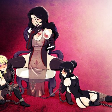 3girls, areolae, black hair, blonde hair, bondage outfit, breasts, busty, chains, cleavage, female, femdom, femsub, fullmetal alchemist, glowing, glowing eyes