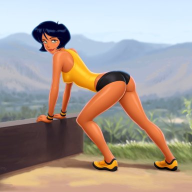 1girl, 2015, alex (totally spies), ass, bare shoulders, big ass, black hair, bob cut, breasts, brown eyes, covered breasts, covered nipples, dark skin, dark-skinned female, dat ass