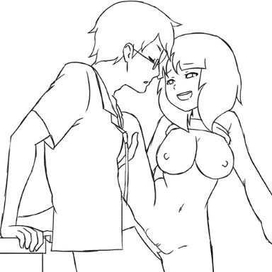 animated, blush, breasts, female, hypnosis, large breasts, leg up, male, manyakis, mind control, monochrome, navel, nipples, penetration, penis