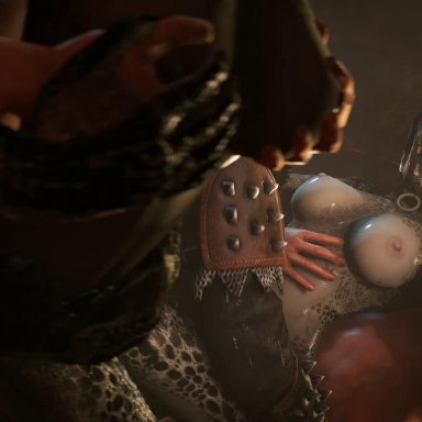 2015, 3d, ambiguous penetration, animated, argonian, armor, breasts, faceless female, faceless male, female, group, group sex, hand on neck, hand on stomach, headgear