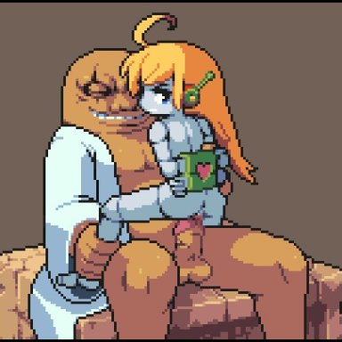 1boy, 1girl, angry, animated, arms behind back, ballos, blonde hair, blue eyes, blush, brown background, cave story, cum, cum in pussy, cum inside, curly brace