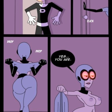 age difference, areolae, ass, back view, bodysuit, boots, breasts, comic, danny fenton, danny phantom, dialog, duo, english text, eyewear, female