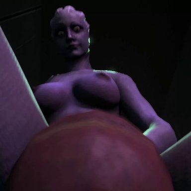 3d, alien, animated, blue skin, breasts, cock pointing towards viewer, dickgirl, erection, futanari, intersex, large breasts, liara t'soni, mass effect, nipples, no sound
