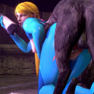 1girl, 3d, animated, ass, bent over, bestiality, blonde hair, blue eyes, bodysuit, bouncing breasts, breasts, cum, cum in mouth, cumdrip, dog