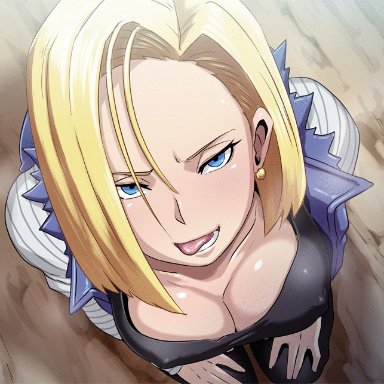 :>=, 1boy, 1girl, android 18, animated, blonde hair, blue eyes, breasts, butcha-u, censored, cleavage, cum, cum in hair, cum on face, dragon ball