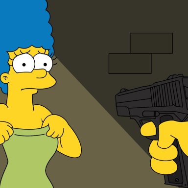 alley, animated, blue hair, bouncing breasts, gun, gunpoint, marge simpson, nipples, the simpsons, undressing, weapon, yellow skin