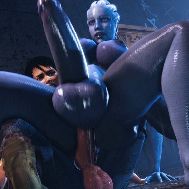 3d, alien, alien girl, animated, asari, barefoot, bigjohnson, blue skin, bouncing breasts, bouncing penis, breasts, dangling testicles, dickgirl, erection, feet