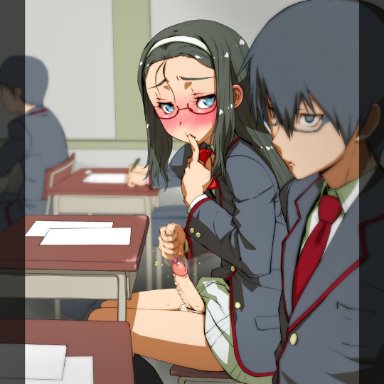 3boys, androgynous, balls in panties, black hair, blue eyes, blush, classroom, crossdressing, decensored, desk, femboy, finger to mouth, girly, glasses, hairband