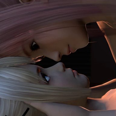 2girls, 3d, animated, blonde hair, closed eyes, dead or alive, eye contact, female, female only, french kiss, honoka, kissing, marie rose, no sound, pink hair