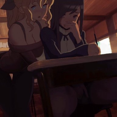 2girls, animated, black hair, blonde hair, blue eyes, classroom, cleavage, clothed sex, desk, fingering, ikezawa hanako, katawa shoujo, lilly satou, saltyicecream, yuri