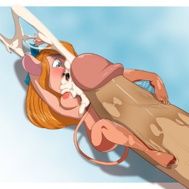 3 toes, anthro, areolae, ass, barefoot, blonde hair, blue eyes, blush, breasts, chip 'n dale rescue rangers, cum, cum in mouth, cum inside, cum on body, cum on breasts