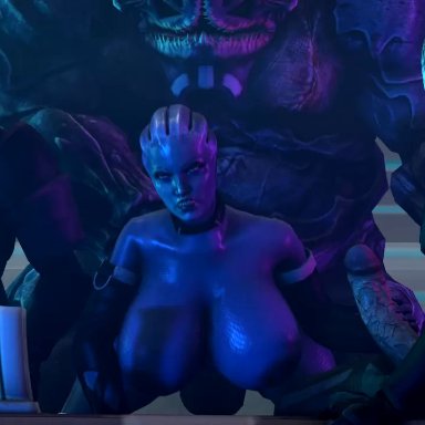 1girl, 3boys, 3d, alien, animated, asari, bent over, big breasts, big penis, bouncing breasts, breasts, busty, dreamhawk, female, from behind