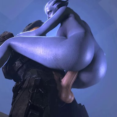 3d, alien, alien girl, animated, armor, asari, balls, big penis, blue skin, bouncing ass, bouncing breasts, breasts, crossover, dat ass, duo