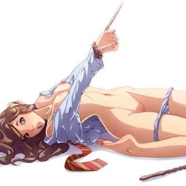 arms raised, barefoot, bdsm, bondage, bottomless, bound, bound wrists, breasts, female, h1kar1ko, harry potter, hermione granger, open clothes, open shirt, panties