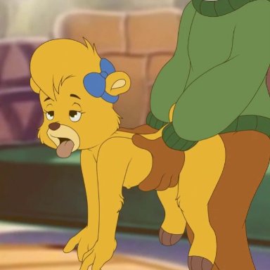 all fours, ambiguous penetration, animal genitalia, animated, anthro, balls, bear, bottomless, bow, breasts, brown fur, clothed, clothing, cub, disney