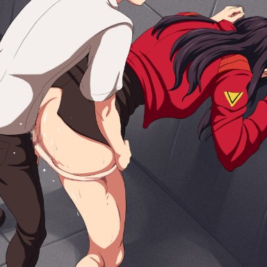 against wall, ass, bent over, censored, clothed sex, dress, female, highres, indoors, jacket, legs, long hair, long sleeves, maku (l-u), misato katsuragi