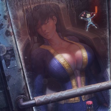 1girl, big breasts, bodysuit, breasts, brown hair, busty, cleavage, closed eyes, fallout, fallout 4, goretexx (artist), highres, huge breasts, impossible bodysuit, impossible clothes