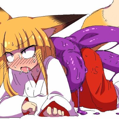all fours, animal ears, animated, bangs, blunt bangs, blush, chestnut mouth, clenched teeth, clothed sex, constricted pupils, cute fang, drooling, female, fox ears, fox tail