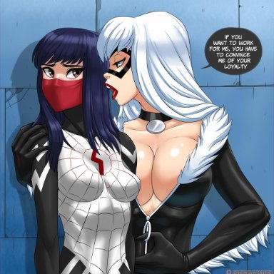 2girls, black cat, black cat (marvel), black hair, blue eyes, blue hair, bodysuit, breasts, brown eyes, busty, cindy moon, cleavage, covered breasts, domino mask, english text