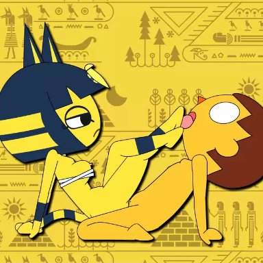 animal crossing, animated, ankha, anthro, bandage, bouncing breasts, breasts, duo, egyptian, feet, feline, female, foot fetish, foot lick, fur