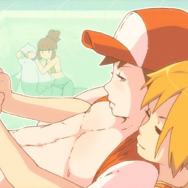 1boy, 2girls, animated, big penis, bikini, brown hair, clothed, clothing, covering eyes, dewgong, erection, eyelashes, female, from behind, half-closed eyes