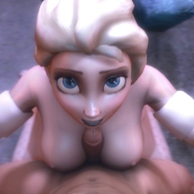 3d, animated, blonde hair, breasts, disney, elsa (frozen), female, frozen (movie), holding hands, large breasts, male, nipples, noname55, paizuri, penis