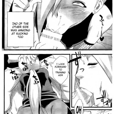 :>=, 1boy, ahe gao, ass, blush, censored, deepthroat, doujinshi, dress, fellatio, female, happy, ino yamanaka, lips, manga