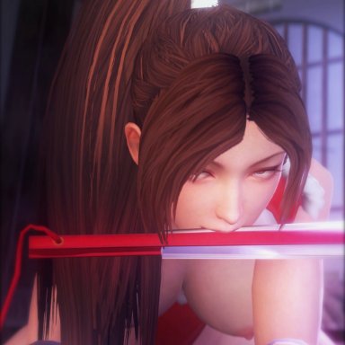 3d, animated, breasts, cowgirl position, fatal fury, female, front view, king of fighters, large breasts, looking at viewer, mai shiranui, no sound, open clothes, pallidsfm, panties aside