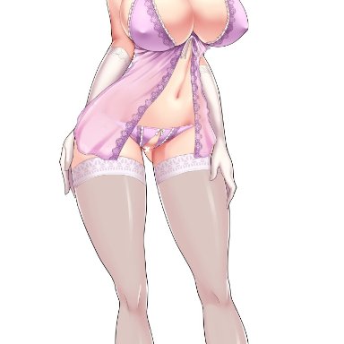 alternate costume, alternate hairstyle, ass visible through thighs, babydoll, bangs, blonde hair, bow, bow panties, breasts, censored, cleavage, collarbone, covered nipples, crotchless panties, dashigarayama