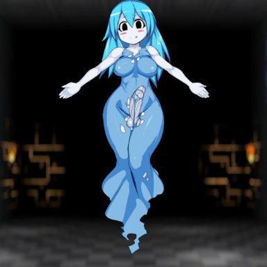 :p, black eyes, blue dress, blue hair, blush stickers, breasts, checkered, checkered floor, covered nipples, dress, futanari, ghost, impossible clothes, impossible dress, indoors