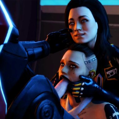 1boy, 2girls, 3d, animated, commander shepard, erection, fellatio, female, jack, looking at viewer, lordaardvark, male, mass effect, miranda lawson, no sound