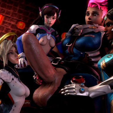 3d, 3girls, 4girls, animated, areolae, balls, blizzard entertainment, blonde hair, bodysuit, breasts, brown hair, club shaped penis, cock worship, d.va, dark skin