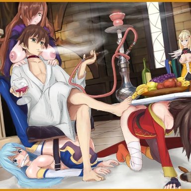 alcohol, aqua (konosuba), bondage, bottle, breasts, breasts outside, darkness (konosuba), femsub, kono subarashii sekai ni shukufuku wo!, maledom, megumin, multiple girls, multiple subs, nestern, objectification