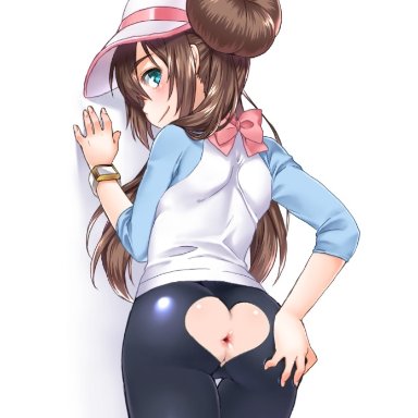 1girl, against wall, anus, ass, ass cutout, ass grab, back, blue eyes, blush, bow, brown hair, cowboy shot, eyelashes, female, female only