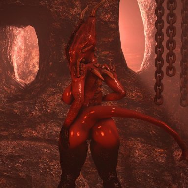 2016, 3d, agony, areolae, ass, breasts, chains, demon, demon girl, detailed background, faceless, female, female only, hand on ass, highres