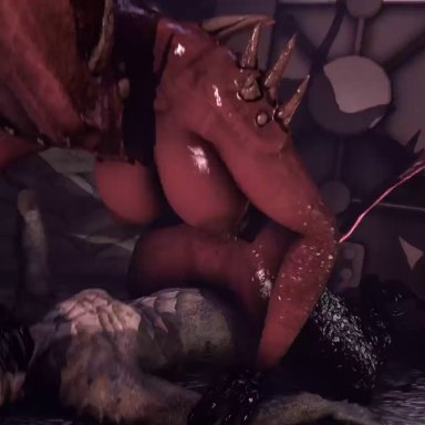 1boy, 1girl, 2016, 3d, absurdres, agony, animated, areolae, argonian, big breasts, bouncing, breasts, cowgirl position, crossover, demon
