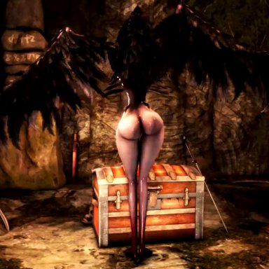 1girl, 2016, 3d, absurdres, animated, ass, ass shake, avian, back view, big ass, bird, butt, crow, dark souls, dark souls 2