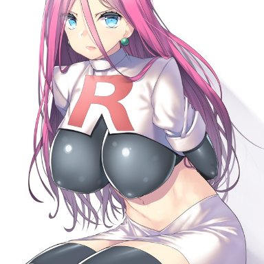 1girl, arms behind back, bdsm, big breasts, blue eyes, breasts, clothed, earrings, eyelashes, female, female only, gloves, human, jessie (pokemon), kneeling