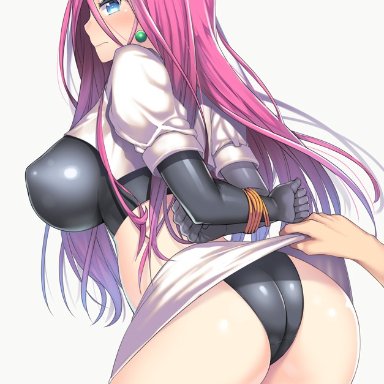 1girl, ambiguous gender, arms behind back, ass, back, bdsm, blue eyes, blush, breasts, dat ass, earrings, eyelashes, female, gloves, human