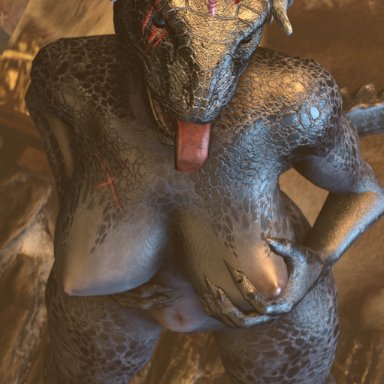 1girl, 2017, 3d, absurdres, ahe gao, ahegao, areolae, argonian, big ass, big breasts, breasts, creepychimera, feet, female, female only