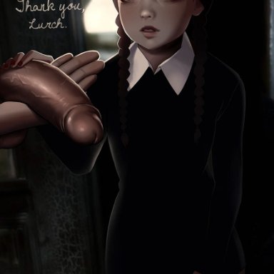 1boy, addams family, black eyes, black hair, braid, english, expressionless, female, highres, lips, nail polish, ottosfoxhole, pale skin, parted lips, penis