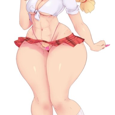 1girl, abs, alternate hairstyle, applejack (mlp), bimbo, blonde hair, blush, breasts, busty, cleavage, eyeshadow, female, freckles, friendship is magic, front-tie top