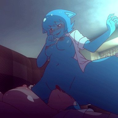 2017, 5 fingers, 5 toes, alternate species, animal ears, animated, anus, ass, barefoot, big breasts, blue hair, blue skin, blush, bottomless, breasts
