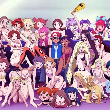 1boy, 53girls, aether foundation, alexa (pokemon), anabel, araragi (pokemon), aria (pokemon), arm up, armpits, ass, bel (pokemon), bianca (pokemon), bikini, black hair, blonde hair